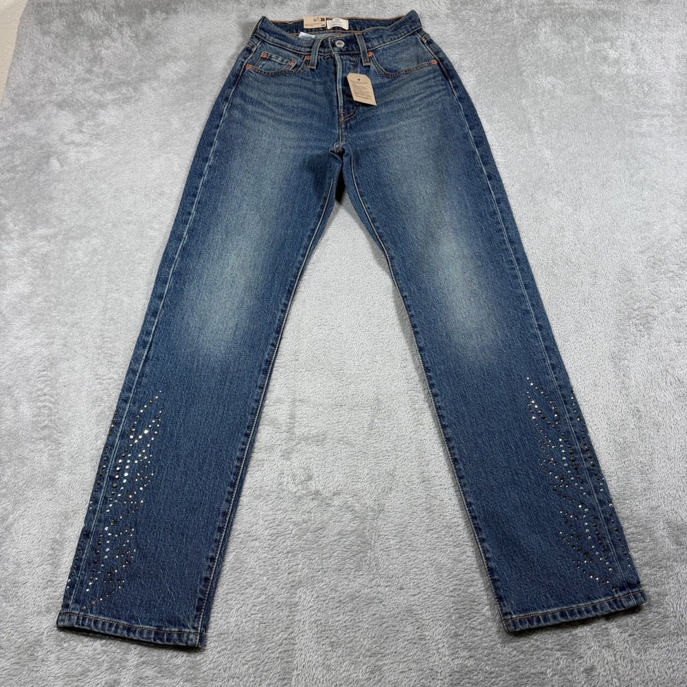Levis 501 Curve Jeans Women 24x30 Blue Medium Wash Straight Leg Rhinestone Studs